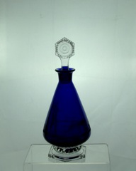 #3397 Gascony 1pt Decanter with #88 Stopper, Wide optic only, #455 Sportsman Silhouette Etching, Cobalt, 1932-1941