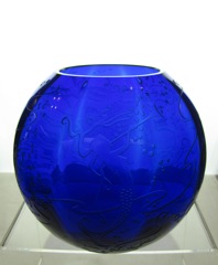#4045 Ball Vase, 7 inch, wide optic, Cobalt with #469 Mermaids deep plate etch, 1933-1939