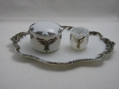 #1280 Winged Scroll Puff Box and Cover, Match, #51 Sweet Scroll Dresser Tray, Opal with gold decoration, 1898-1904